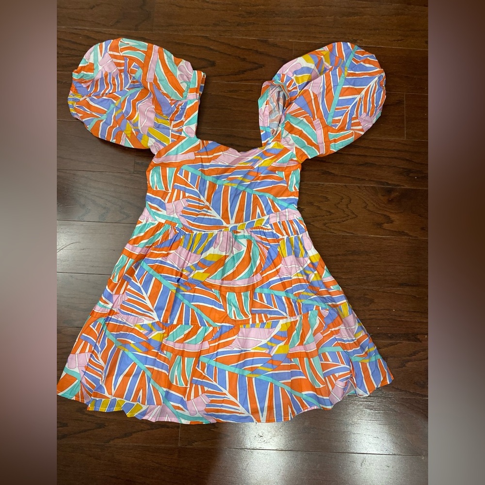 BRITON COURT puff sleeve dress in colorful palm tree print size small cotton